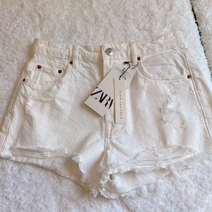 Zara The High Waist Short Signature Denim Marbled White Size 6